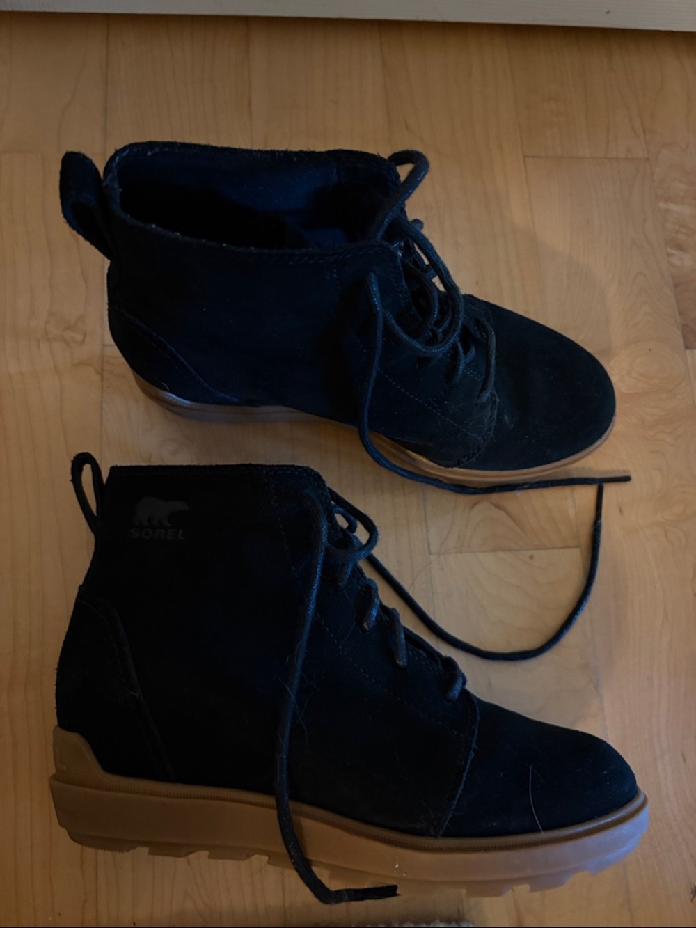 Sorel Black Suede Lace-Up Ankle Boots with Brown Lug Sole